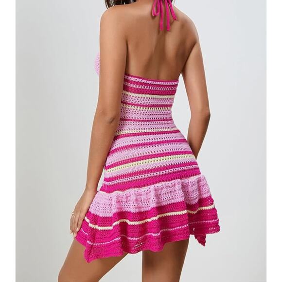 Pink Crochet Halter Mini Dress Open Back Striped Knit Festival Boho Y2K s/m - Picture 2 of 7